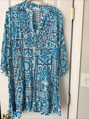 Club Moda Blue Tile-Print Mini Dress with beaded details L/XL